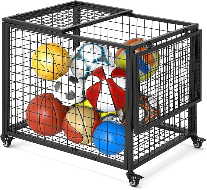 AECOJOY Ball Cart Storage, Rolling Basketball Bin with Wheels for Garage, School, Gym, Sports