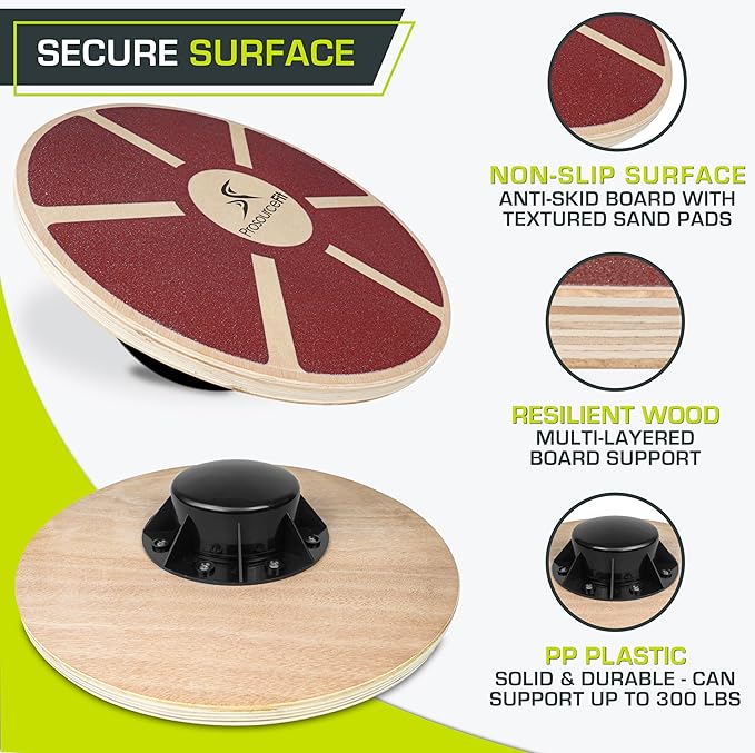 ProsourceFit Wooden Balance Board Non-Slip Wobble Core Trainer 15.75in (39.5cm) Diameter with 360