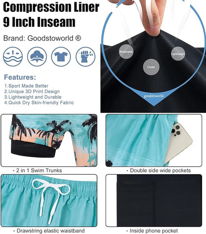 Goodstoworld Mens Swim Trunks with Compression Liner 9'' Inseam Quick Dry Swimsuit Shorts M-3XL