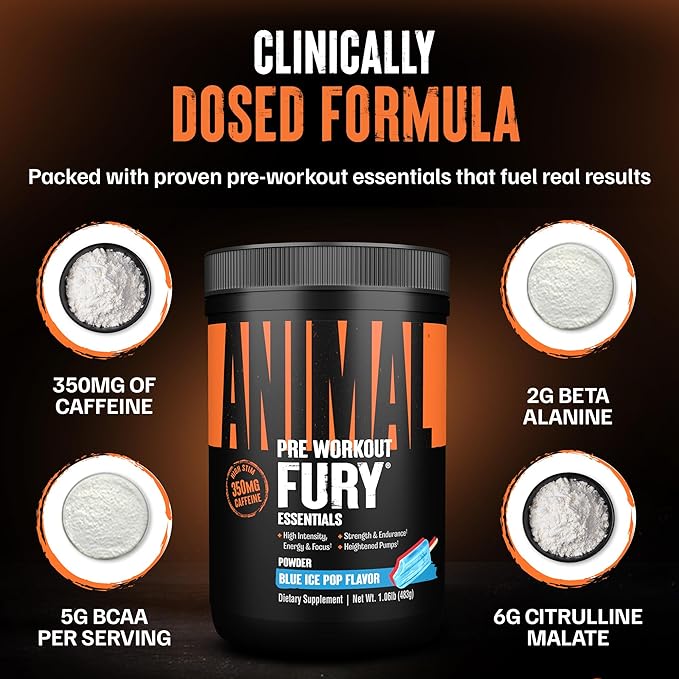 Animal Fury Pre Workout Powder ??Blue Ice Pop, 350mg Caffeine, BCAA Amino Acids, 2g Beta Alanine