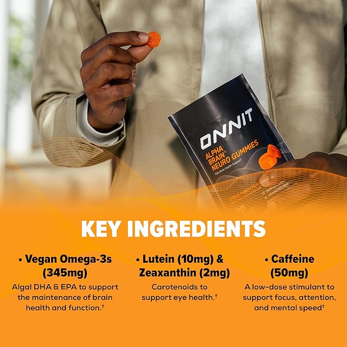 ONNIT Alpha Brain Neuro Focus Gummies - Vegan Gummies with Omega-3s, Lutein, Zeaxanthin & Caffeine
