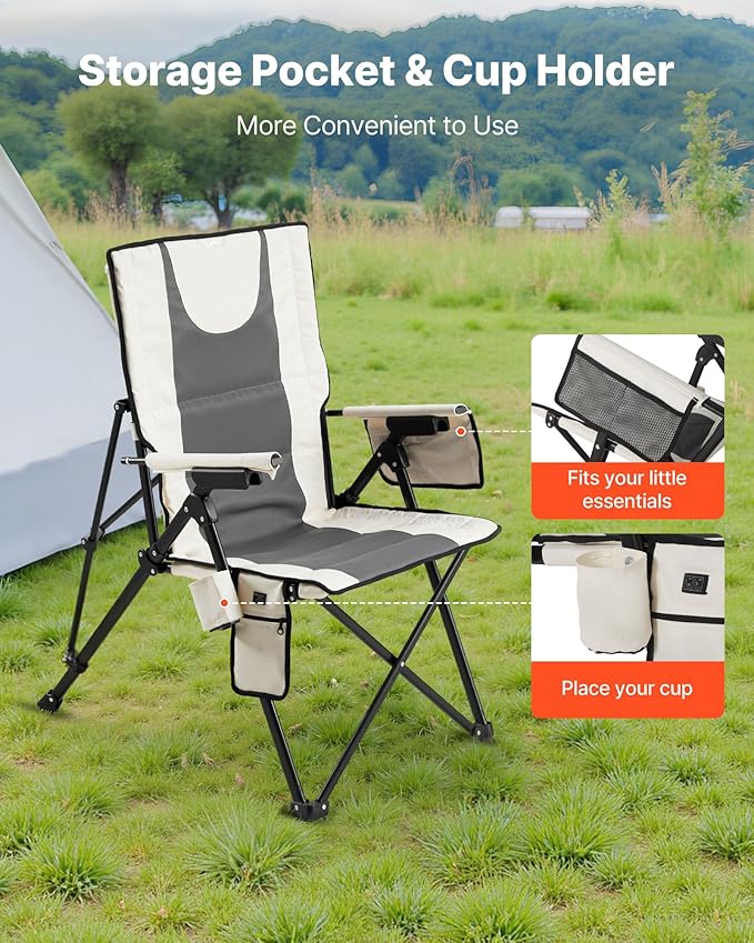 VEVOR Heated Camping Chair, 3 Heat Settings, High Back Folding Camping Chair, Supports 260lbs, Full