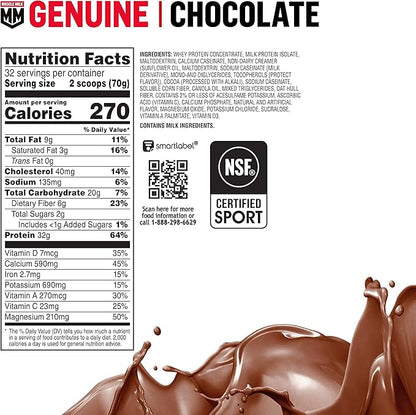Muscle Milk Genuine Protein Powder, Chocolate, 4.94 Pound, 32 Servings, 32g Protein, 2g Sugar