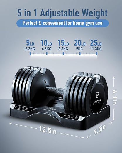 Adjustable Dumbbell – 12.5/25lb Single Unit OR Set of 2 – 5-in-1 Adjustable Weight for Home Gym