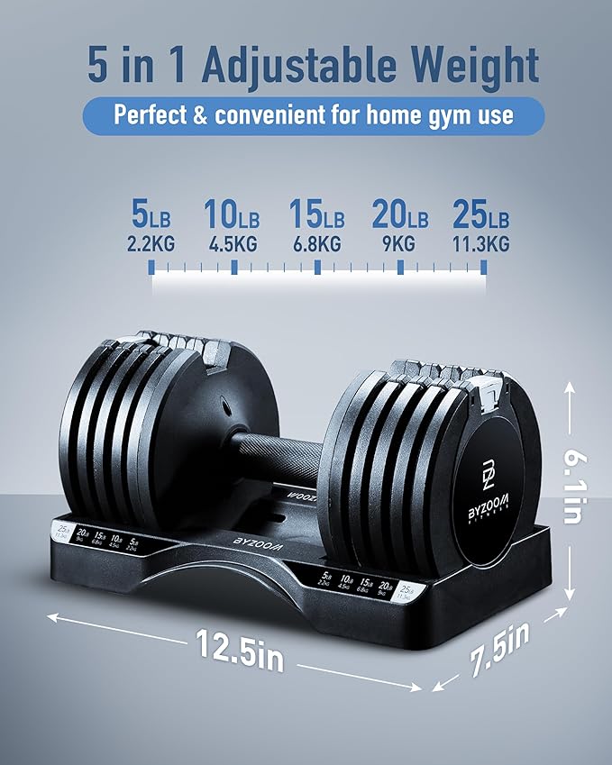 Adjustable Dumbbell – 12.5/25lb Single Unit OR Set of 2 – 5-in-1 Adjustable Weight for Home Gym