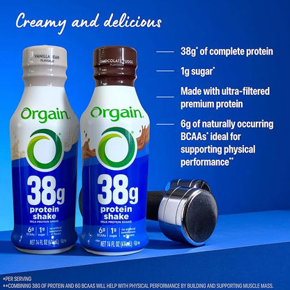 Orgain 38g High Protein Shake, Dairy Isolate Protein Milk, Chocolate Fudge, 6g BCAAs, 1g Sugar Per