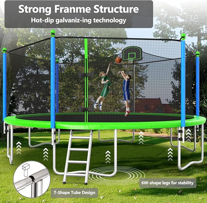 Upgraded 10/12/14/15/16FT Trampoline Outdoor, Large Kids Trampoline with Light, Stakes, Sprinkler