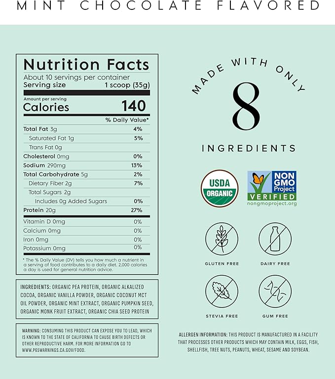 Truvani Vegan Pea Protein Powder | Mint Chocolate | 20g Organic Plant Based Protein Per Serving |