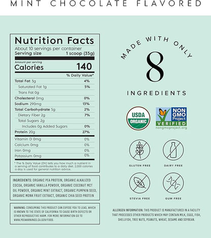 Truvani Vegan Pea Protein Powder | Mint Chocolate | 20g Organic Plant Based Protein Per Serving |