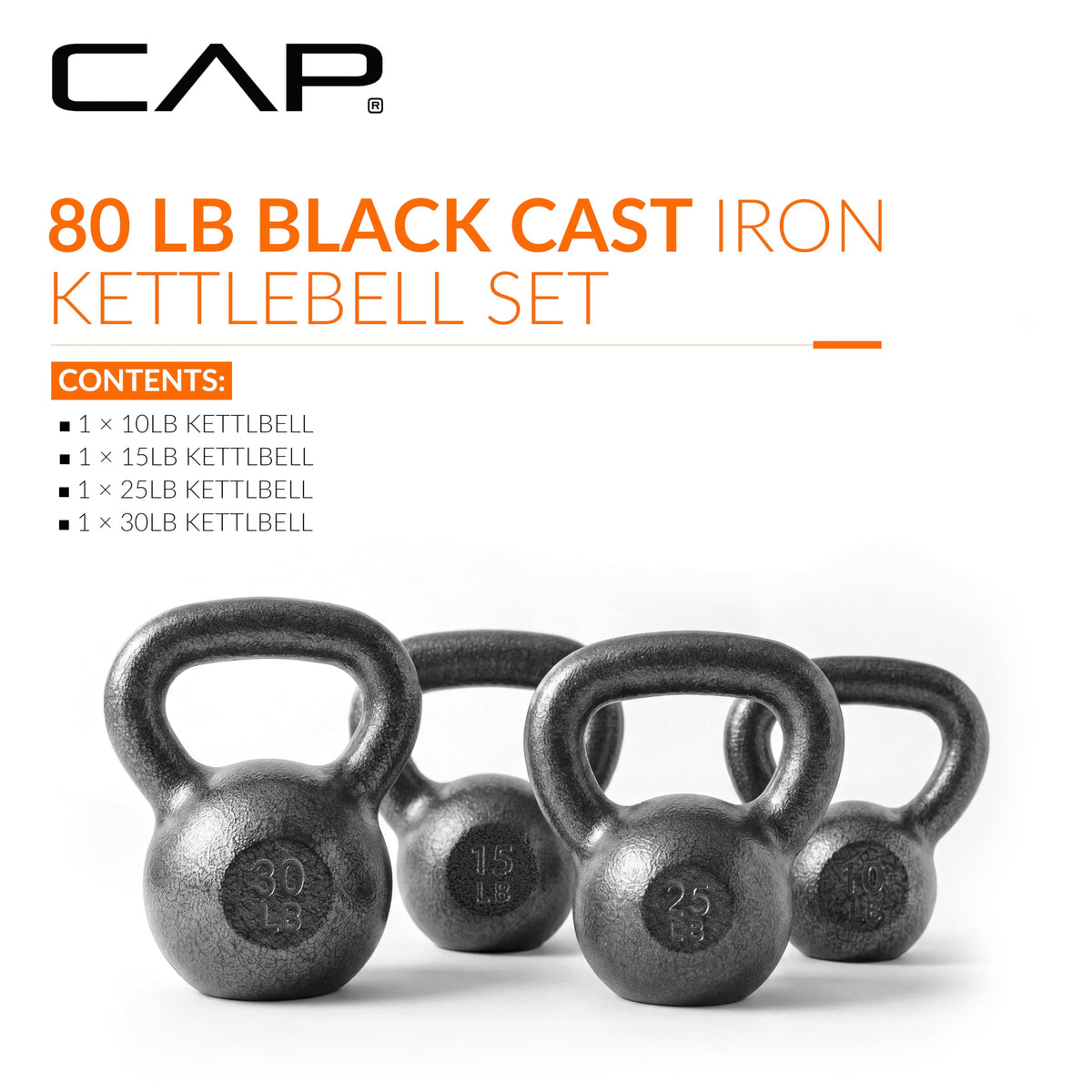 CAP Barbell Cast Iron Kettlebell 80 LB Set | 10 | 15 | 25 & 30 LB