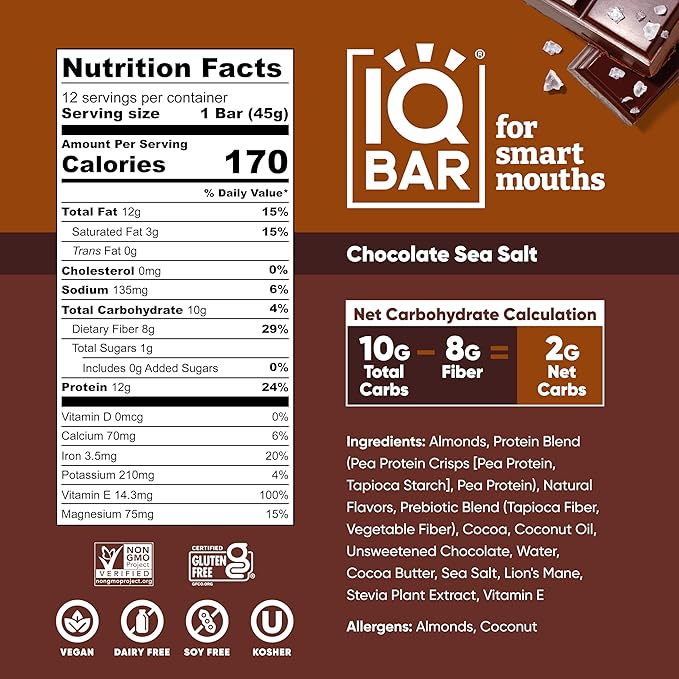 IQBAR Brain and Body Plant Protein Bars - Chocolate Sea Salt - 12-Count Low Carb - Gluten Free