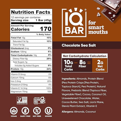 IQBAR Brain and Body Plant Protein Bars - Chocolate Sea Salt - 12-Count Low Carb - Gluten Free