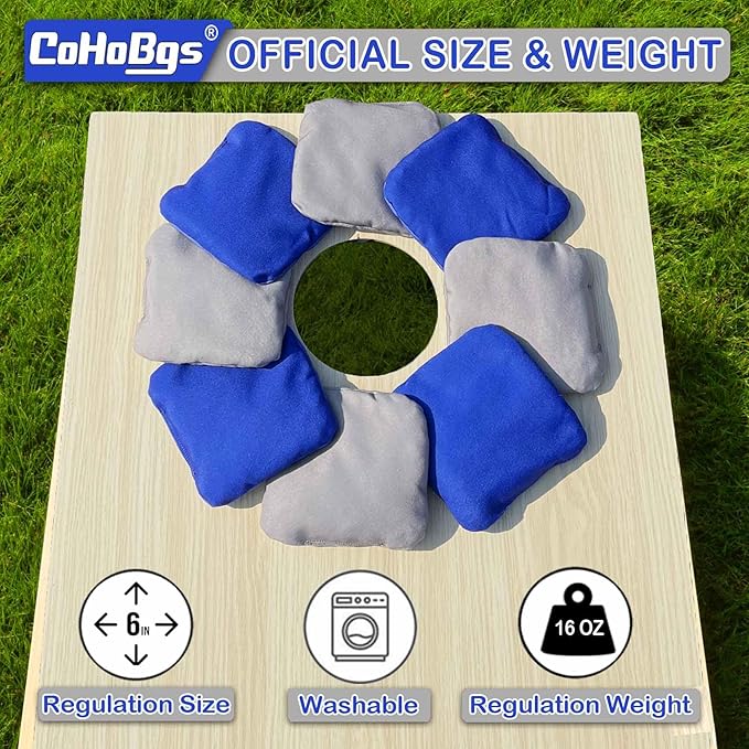 CoHoBgs Corn Hole Bags Set 8, Professional Cornhole Bags Dual-Sided Slick & Stick Resin Filled