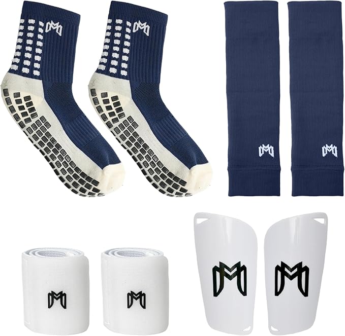 Soccer Grip Socks, Shin Guards, Pre Cut Sock Sleeves, and Guard Straps Bundle Pack - Essential