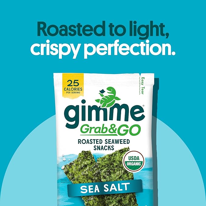 Gimme Seaweed Grab & Go Organic Premium Roasted Seaweed Snacks, Sea Salt, 18 Count Trayless, Keto