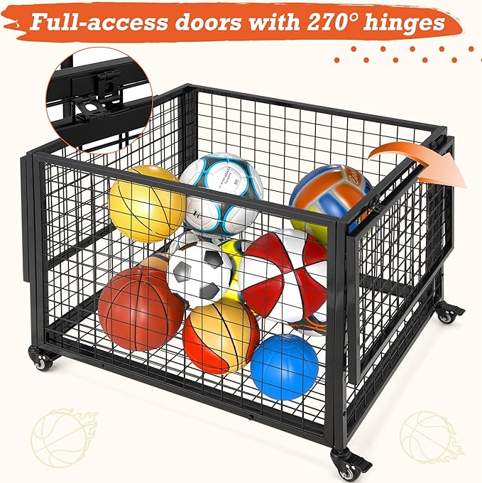 AECOJOY Ball Cart Storage, Rolling Basketball Bin with Wheels for Garage, School, Gym, Sports