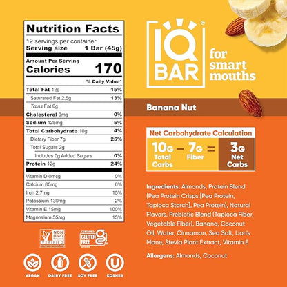 IQBAR Brain and Body Plant Protein Bars - Banana Nut - 24-Count Low Carb - Gluten Free, High Fiber