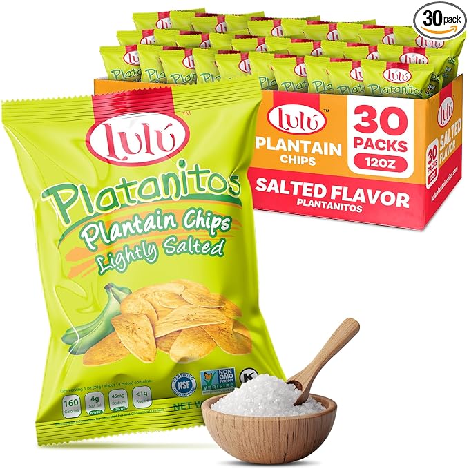 LULU Plantain Chips - Lightly Salted, 30 Individual Bags (2.5 Oz Each) - Crunchy, Delicious