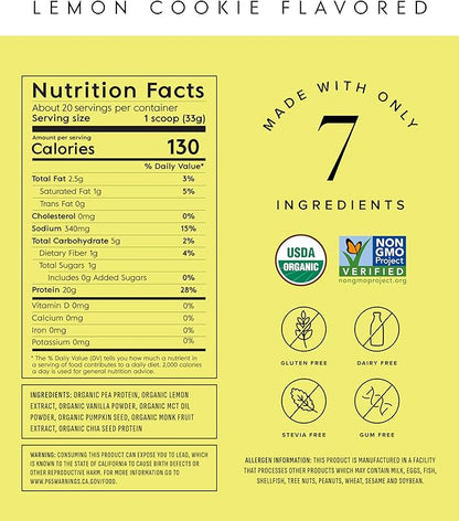 Truvani Vegan Pea Protein Powder | Lemon Cookie | 20g Organic Plant Based Protein | 20 Servings |