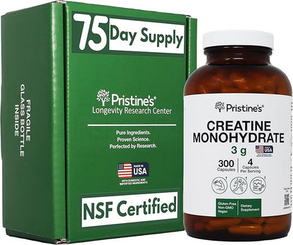 PRISTINE'S Creatine Monohydrate Capsules for Women & Men - NSF Certified 75 Day Supply 3G Muscle