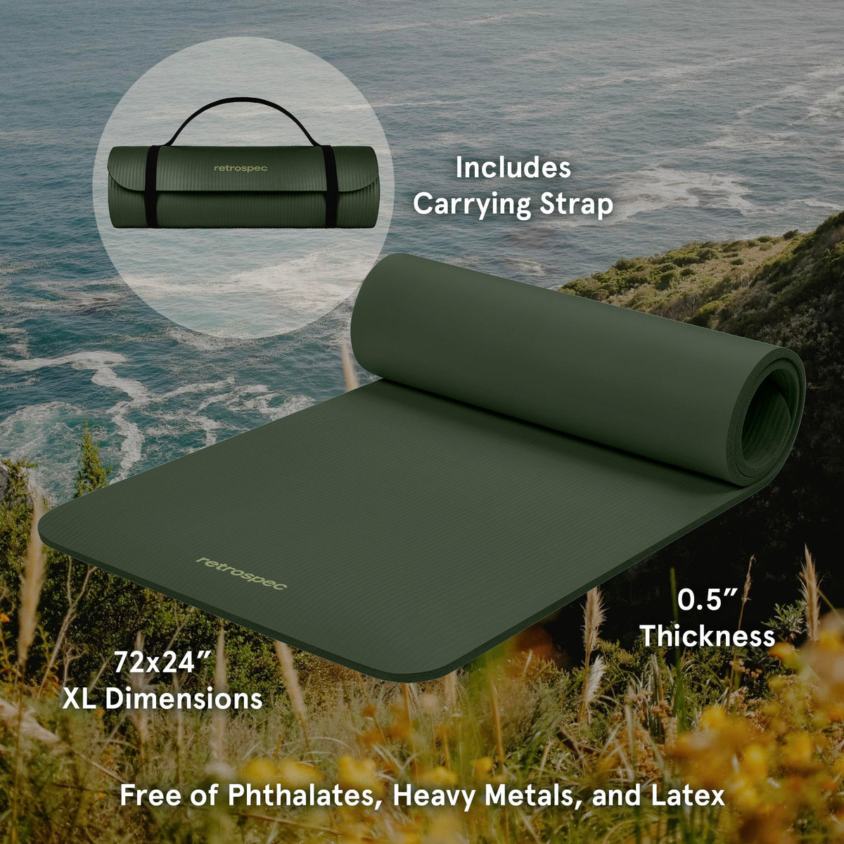 Retrospec Solana Yoga Mat 1/2" Thick w/Nylon Strap for Men & Women - Non Slip Excercise Mat for