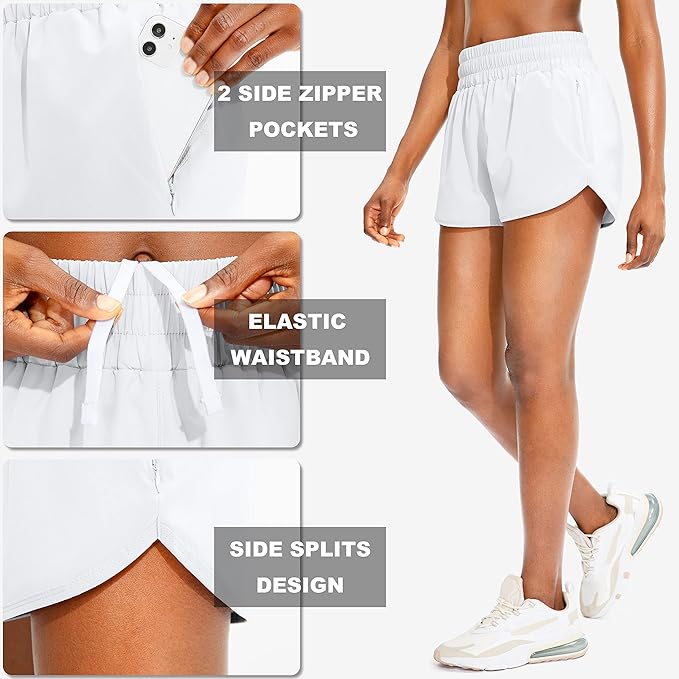 SANTINY Women's Running Shorts with Zip Pockets High Waisted Athletic Workout Gym Shorts for Women