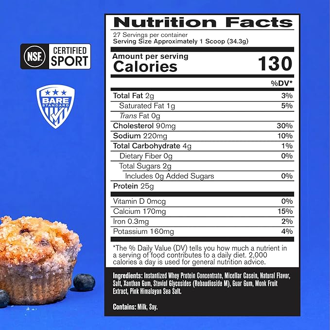 BARE PERFORMANCE NUTRITION, BPN Whey Protein + Casein Protein Powder Blend, Blueberry Muffin, 25g