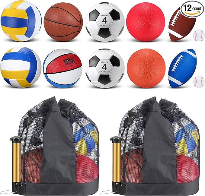 Deekin 12 Pcs Assorted Sport Ball Set Official Size Basketball, Football, Volleyball, Soccer