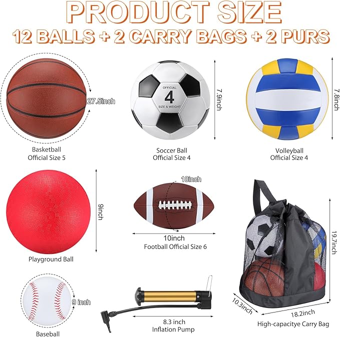 Deekin 12 Pcs Assorted Sport Ball Set Official Size Basketball, Football, Volleyball, Soccer