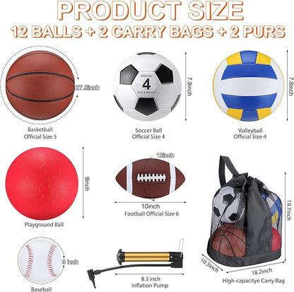 Deekin 12 Pcs Assorted Sport Ball Set Official Size Basketball, Football, Volleyball, Soccer
