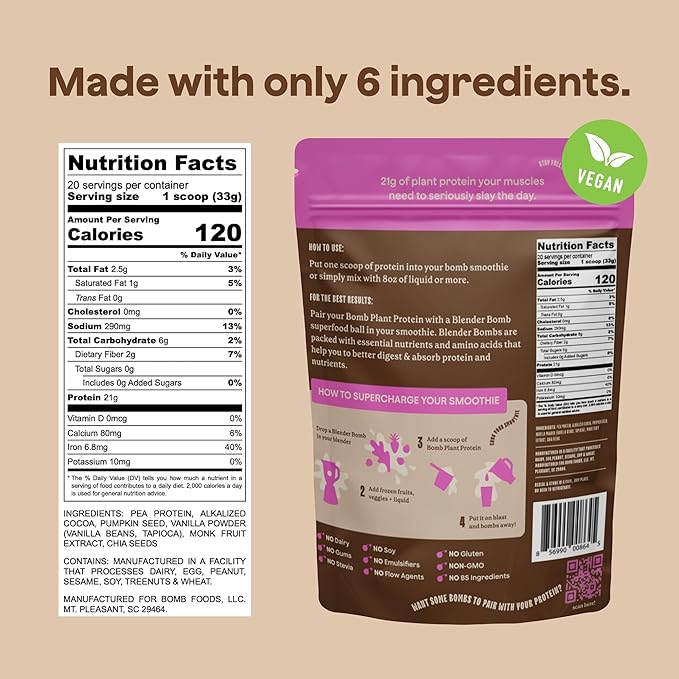 The Bomb Co. Bomb Plant Protein, Protein Powder with 21g Protein, Amino Acids, Zero Sugar, Pea