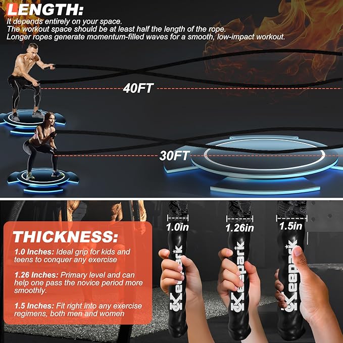 Battle Ropes for Home Gym, Exercise Rope 1.26/1.5inch, 30 40FT Heavy Battle Rope Weighted Battle