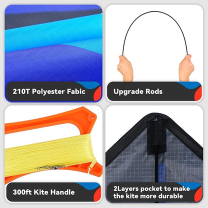 Blue Delta Kite Easy to Fly,Beach Trip Outdoor Games Single Line String with Tail,Easy Flying
