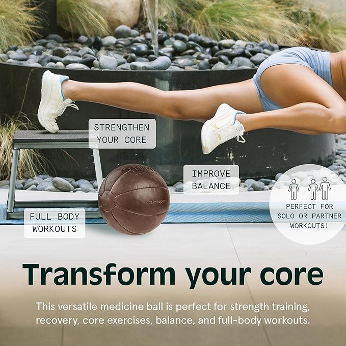 Core Weighted Medicine Ball 4, 6, 8, 10, 12, 14, 16, 20, 25, 30 lbs, Soft Touch Vegan Leather with
