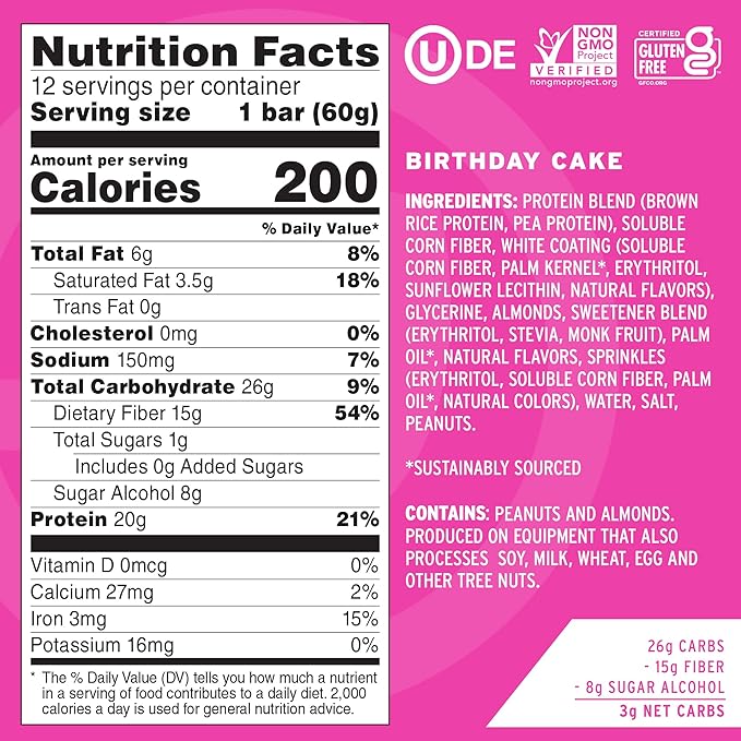 No Cow Vegan Protein Bars, Upgraded Birthday Cake | 20g Plant Based Protein, Gluten Free, Dairy