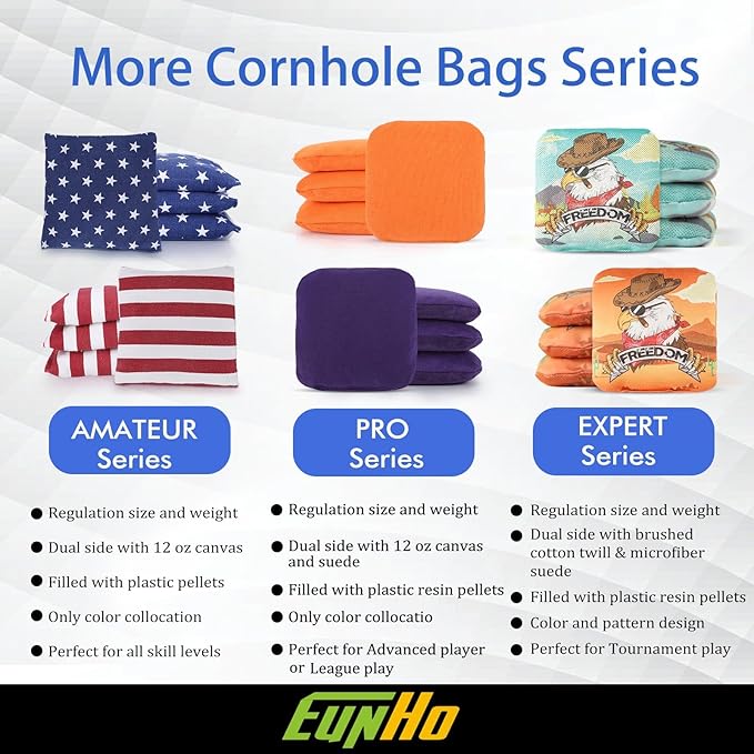 EunHo Dual Sided Cornhole Bags Regulation Set of 8 Professional Cornhole Bean Bags Slick and Stick