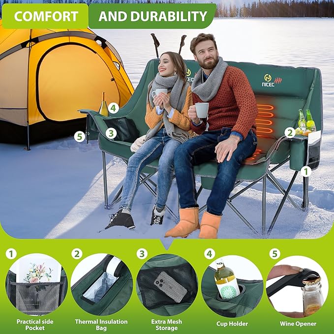 Nice C Heated Camping Chair with Battery, Heated Double Camping Couch, Oversized Thick Padded