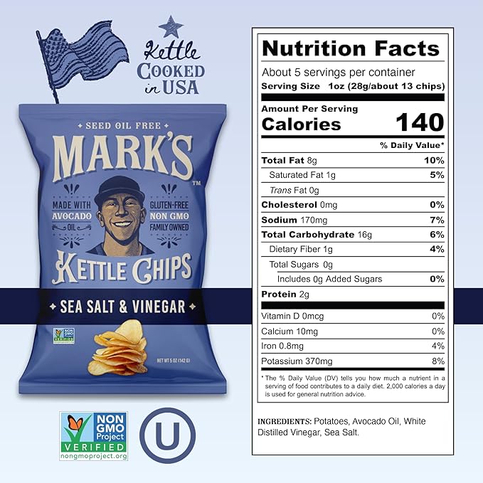 MARK’S Kettle Cooked Avocado Oil Potato Chips, Sea Salt & Vinegar – Seed Oil & GMO Free | Sea Salt