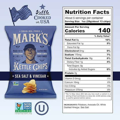 MARK’S Kettle Cooked Avocado Oil Potato Chips, Sea Salt & Vinegar – Seed Oil & GMO Free | Sea Salt