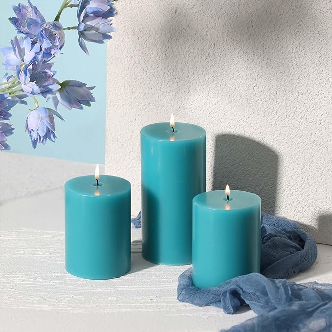 3x6 Inch Blue Pillar Candles Set of 3 - Unscented Pillar Candles, Long Burning Dripless Candles for
