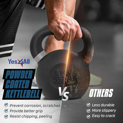 Yes4All Kettlebell, Heavy Duty Powder Coated Cast Iron Kettlebells, Non-Slip Handle & Flat Bottom