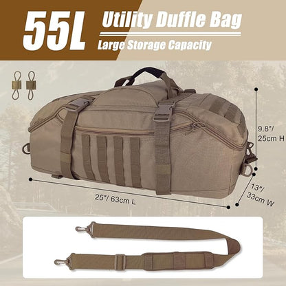 55L Large Travel Gym Duffle Bag Military Tactical Backpack, Army Pack 3 Day Bug Out Bag Rucksack