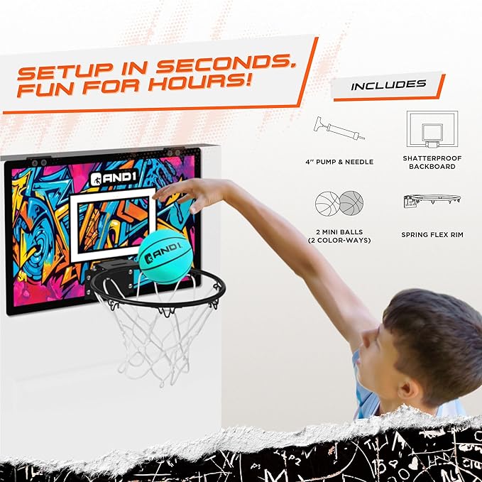 AND1 Over the Door Mini Basketball Hoop: 18x12 Shatterproof Backboard, 2 Mini Basketballs, and Hand