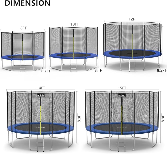 AOTOB 8FT 10FT 12FT 14 FT 15FT Trampoline with Safety Enclosure Net，Outdoor Trampoline with