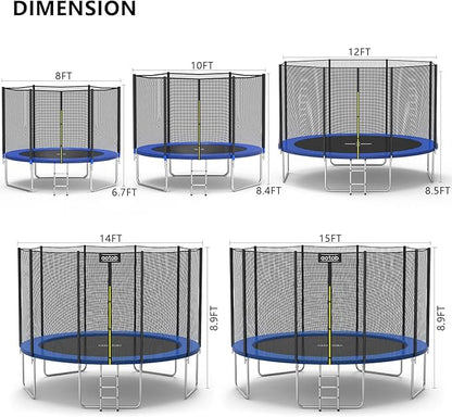 AOTOB 8FT 10FT 12FT 14 FT 15FT Trampoline with Safety Enclosure Net，Outdoor Trampoline with