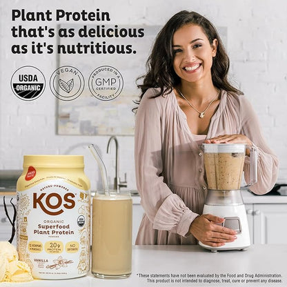 KOS Vegan Protein Powder Erythritol Free, Vanilla USDA Organic - Pea Protein Blend, Plant Based