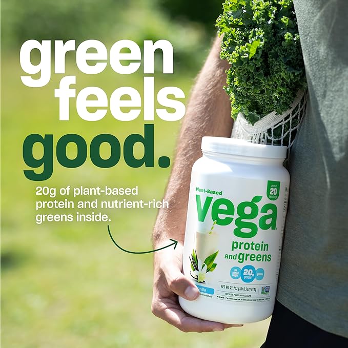 Vega Protein and Greens Protein Powder, Vanilla - 20g Plant Based Protein Plus Veggies, Vegan, Non