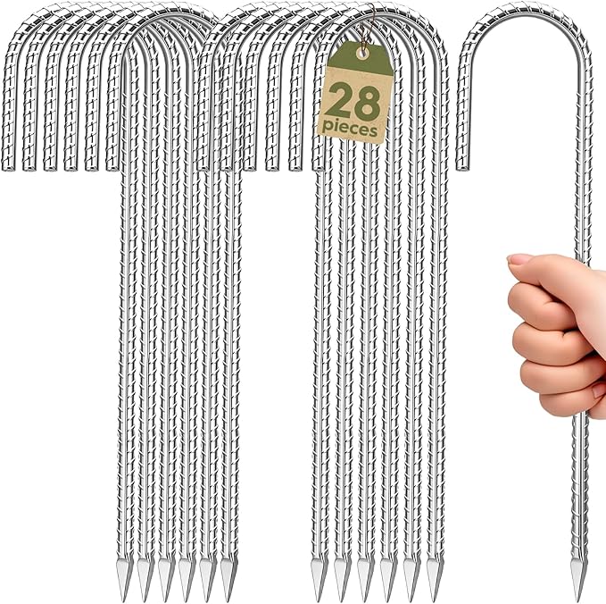 12 inches Ground Stakes Heavy Duty 28 Pieces Metal Fence Rebar Stake 5/16" Diameter J Hook Ground