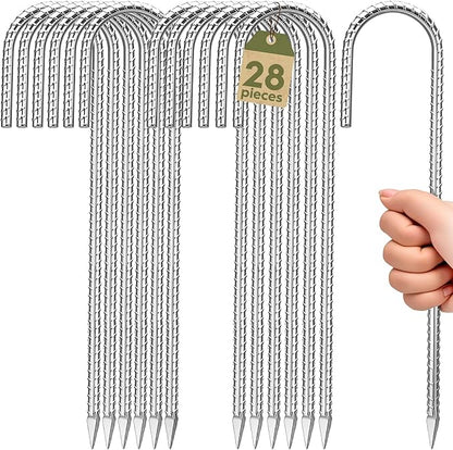 12 inches Ground Stakes Heavy Duty 28 Pieces Metal Fence Rebar Stake 5/16" Diameter J Hook Ground