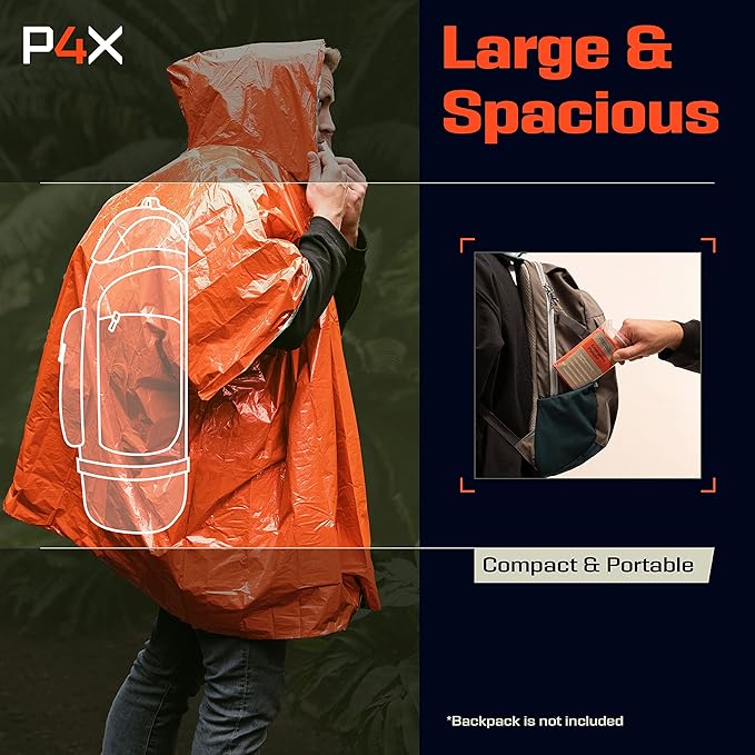 PREPARED4X Emergency Poncho and Mylar Blanket Liner - Waterproof, Wind-Resistant Outdoor Rain